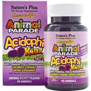 Natures Plus, Source of Life, Animal Parade, AcidophiKidz , дитячі жувальні цукерки, натуральний ягідний смак, 90 жевачек у формі NAP-29969 фото