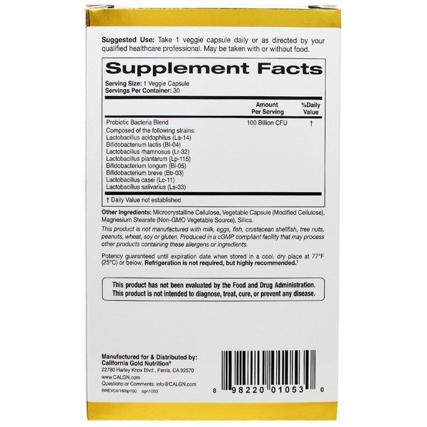California Gold Nutrition, LactoBif 100 у блістері з подвійною фольги, в упаковці 30 капсул CGN-01053 фото