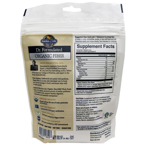 Garden of Life, Dr. Formulated, Органическая клетчатка, Чистая, Пищевая добавка в виде порошка, без вкусовых добавок, 6.8 унции (192 г) GOL-11840 фото