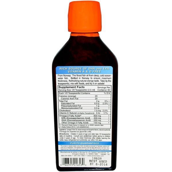 Carlson Labs, Kids,The Very Finest Fish Oil, Natural Orange Flavor, 6.7 fl oz (200 ml) CAR-01653 фото