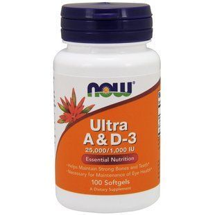 Витамин Д3 Vitamin D-3 Now Foods, Ультра A & D-3, 25000/1000 МЕ, 100 капсул NOW-00361 фото