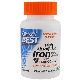 Doctors Best, Высокая усваиваемость с Ferrochel, 27 мг, 120 таблеток DRB-00459 фото