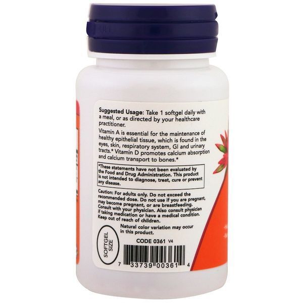 Витамин Д3 Vitamin D-3 Now Foods, Ультра A & D-3, 25000/1000 МЕ, 100 капсул NOW-00361 фото