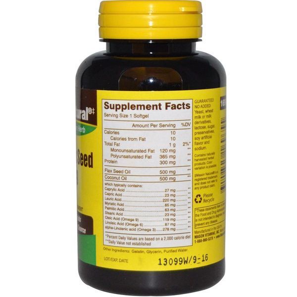 Mason Naturals, Кокосовое / Льняное масло, Омега 3-6-9, 60 мягких желейных капсул MAV-16965 фото