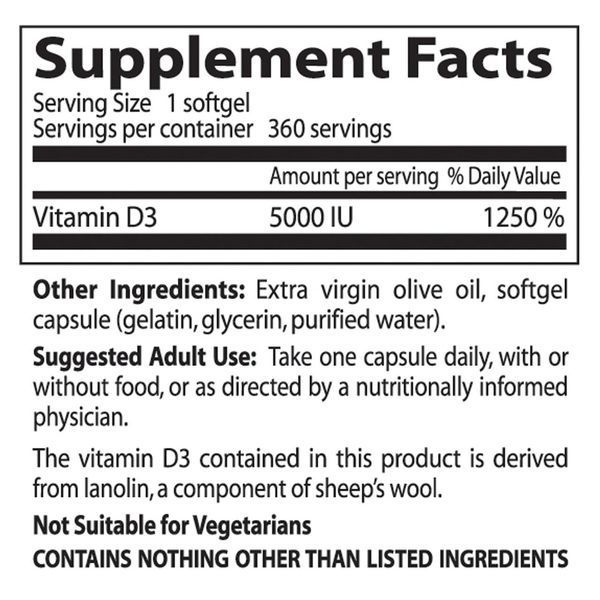 Doctors Best, Витамин D3 (Best Vitamin D3), 5000 МЕ, 360 мягких таблеток DRB-00250 фото