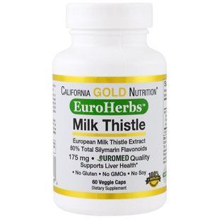 California Gold Nutrition, EuroHerbs, European, экстракт молочного чертополоха, без ГМО, клиническая сила, 60 вегетарианских капсул CGN-01097 фото