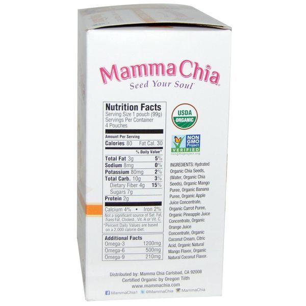 Mamma Chia, Органическая смесь из семян Чиа - полезная закуска со вкусом манго и кокоса, 4 мешочка, 3.5 унции (99 г) каждый MCH-00227 фото