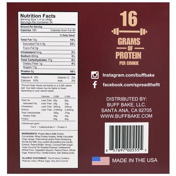 Buff Bake, Protein Cookie Печенье, Белое Шоколадное Арахисовое Масло, 12 штук по 2,82 унции (80 г) каждый BBK-00555 фото
