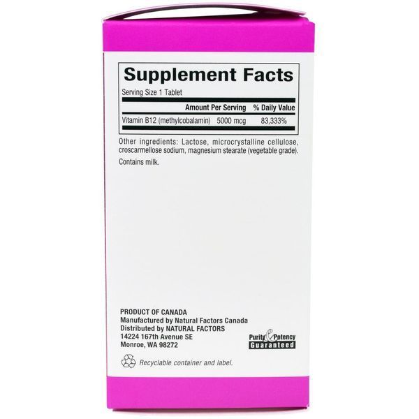 Natural Factors, B12, метилкобаламин, 5000 мкг, 60 жевательных таблеток NFS-01247 фото
