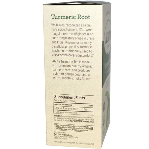 Alvita Teas, Turmeric Root, Organic, Caffeine Free, 24 Tea Bags, 1.27 oz (36 g) ALV-03919 фото