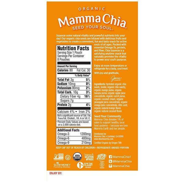 Mamma Chia, Органический сок чиа, энергетическая закуска, манго-кокос, 8 пачек, 3.5 унции (99 г) шт. MCH-00241 фото