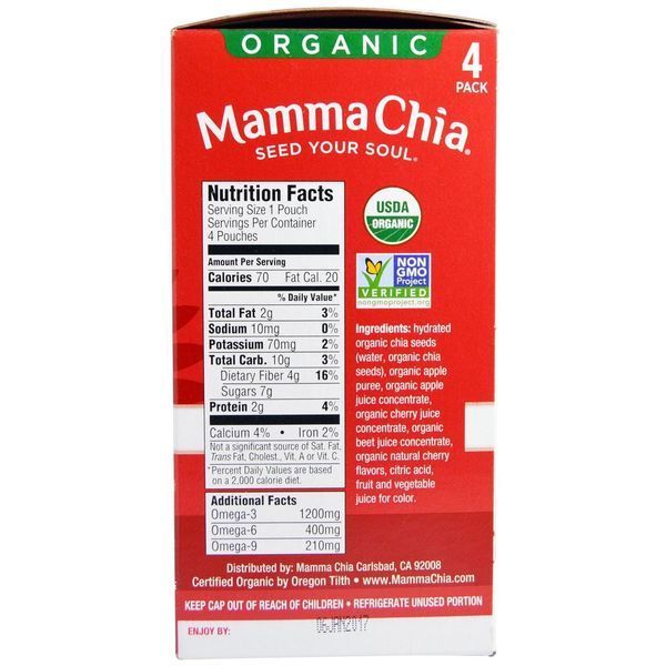 Mamma Chia, Закуска для жизненной силы Чиа Сквиз, вишня и свекла, 4 пакетика для выжимания, по 3,5 унции (99 г) каждый MCH-00502 фото