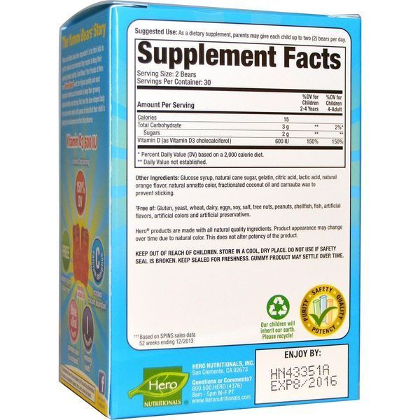 Hero Nutritional Products, Yummi Bears, витамин D3, 600 МЕ, 60 жевательных медвежат HNP-68487 фото