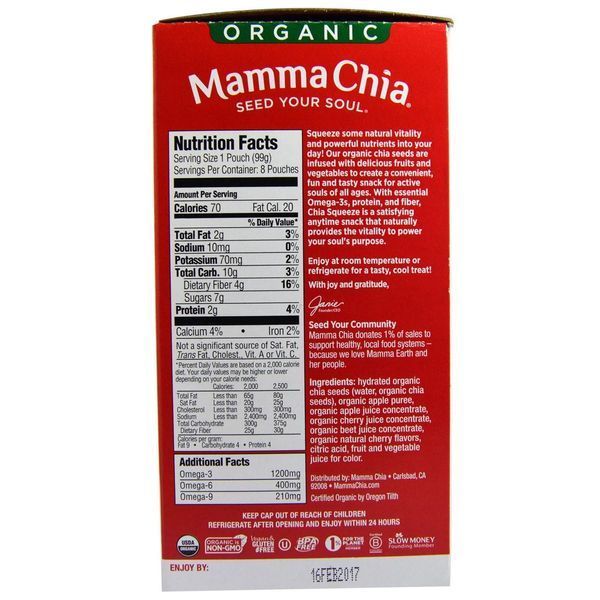 Mamma Chia, Organic Chia Squeeze Vitality Snack, Cherry Beet, 8 Pouches, 3.5 oz (99 g) EA MCH-00506 фото