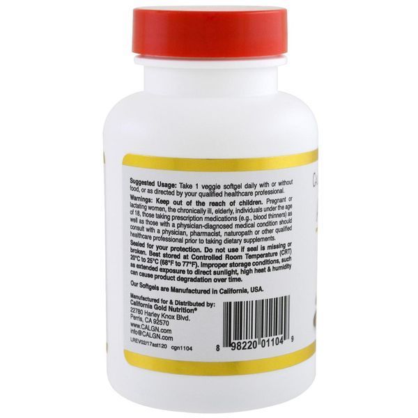 California Gold Nutrition, Натуральный астаксантин, тройная сила, получени и изготовлен в США , без ГМО, 12 мг, 120 вегетарианских капсул CGN-01104 фото