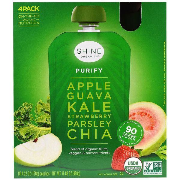 SHINE Organics, Очищение, яблоко, гуава, капуста, клубника, петрушка, чиа, 4 упаковки, по 4,22 унции (120 г) в каждой SNE-01261 фото