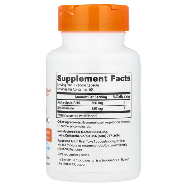 Doctors Best, Best Benfotiamine 150 + альфа-ліпоєва кислота 300, 60 рослинних капсул DRB-00251 фото