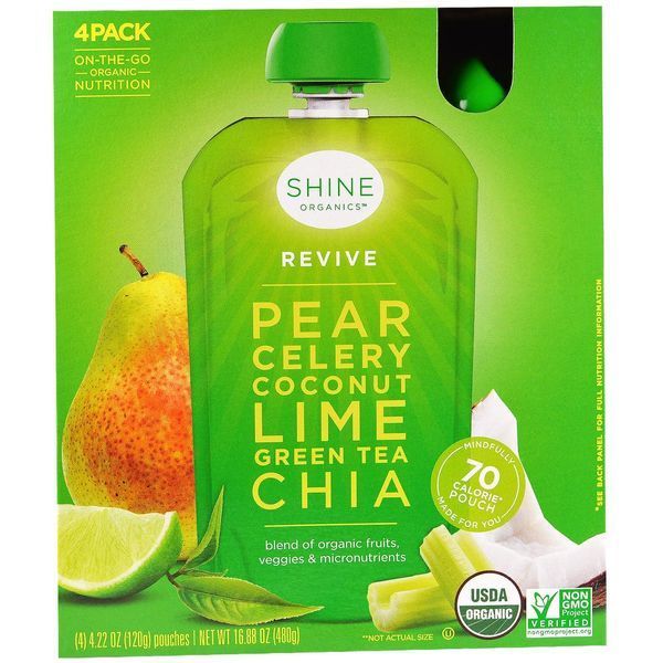 SHINE Organics, Восстановление, груша, сельдерей, кокос, лайм, зеленый чай, чиа, 4 упаковки, по 4,22 унции (120 г) в каждой SNE-01262 фото