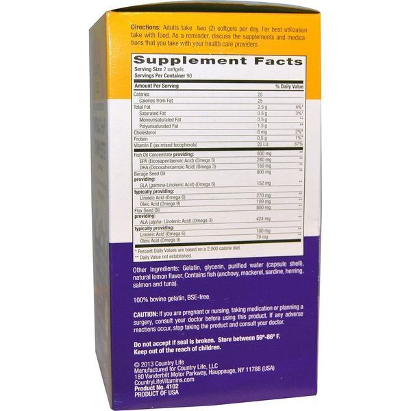 Country Life, Ultra Concentrated Omega 3&bull;6&bull;9 Complete, Lemon Flavor, 180 Softgels CLF-04102 фото