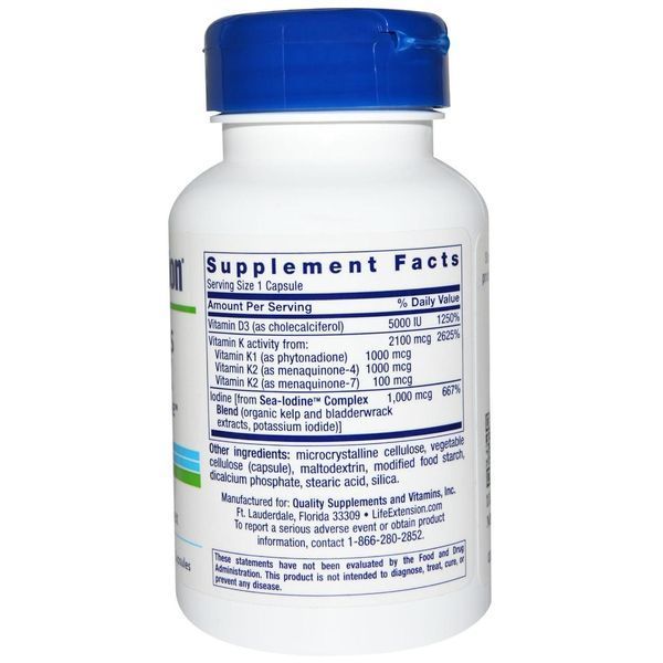 Life Extension, Vitamin D With Sea Iodine and Vita K2, 60 Capsules LEX-18406 фото