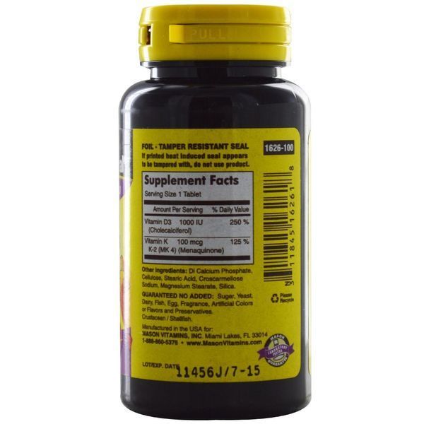 Mason Naturals, K2 Плюс D3, 100 мкг/1000 МО, 100 таблеток MAV-16261 фото