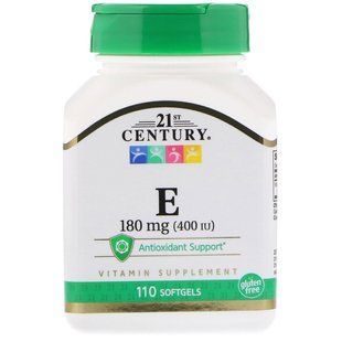 Витамин Е (Vitamin E) токоферолы Tocopherols 21st Century, Е 400, 180мг, 110 гел. капсул CEN-21245 фото