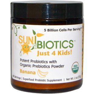 Sunbiotics, Just 4 Kids!, высокоэффективные пробиотики с органическими пребиотиками в порошке, банан, 2 унции (57 г) SBS-53735 фото