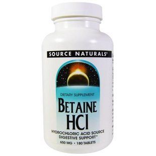 Source Naturals, Бетаїну гідрохлорид, 650 мг, 180 таблеток SNS-01362 фото