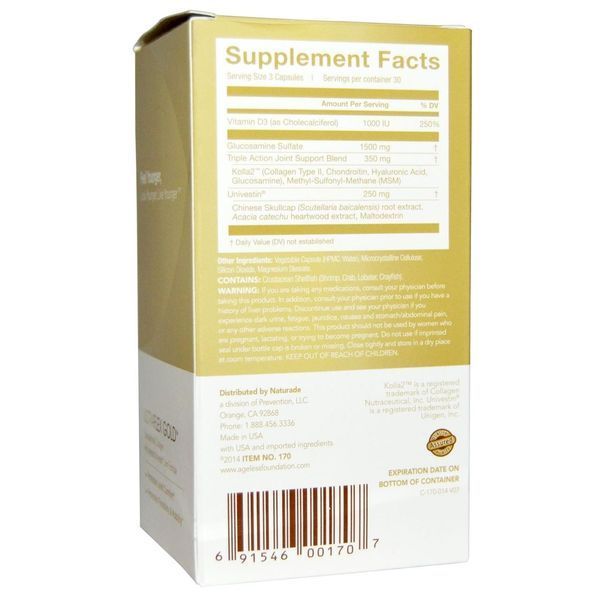 Ageless Foundation Laboratories, UltraFlex Gold, покращена формула потрійної дії для суглобів з Univestin, 90 капсул NAT-00170 фото