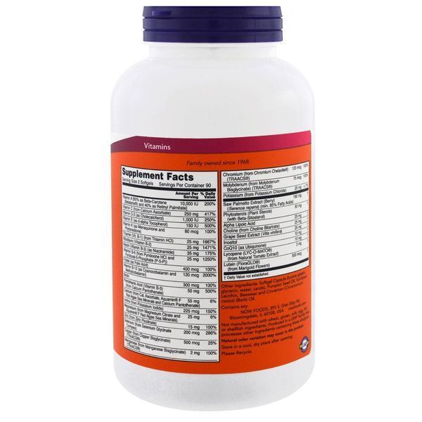 Витамины для мужчин Now Foods, ADAM, мужской поливитамин высшего класса, 180 желатиновых капсул NOW-03881 фото
