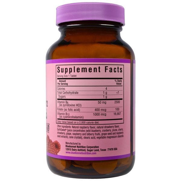 Bluebonnet Nutrition, EarthSweet, Vitamin B-6, B-12 Plus Folic Acid, Raspberry, 60 Chewable Tablets BLB-00445 фото