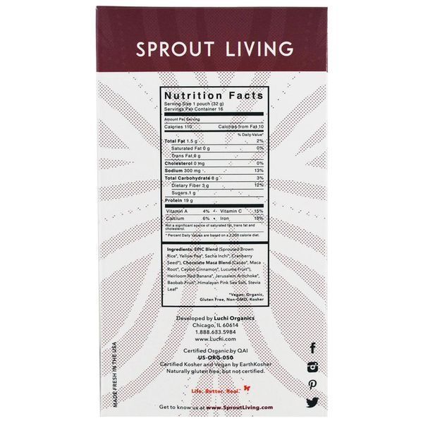 Sprout Living, Epic Plant-Based Protein, Chocolate Maca, 12 Pouches, 1.2 oz (32 g) Each SPL-00722 фото