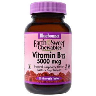 Bluebonnet Nutrition, EarthSweet, Витамин B-12, 5000 мкг, натуральный вкус малины 60 жевательных таблеток BLB-00442 фото