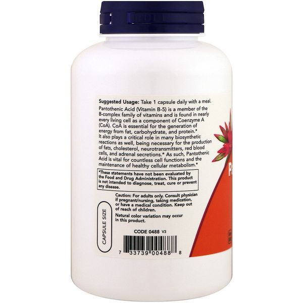 Витамин В5 пантотеновая кислота Now Foods Pantothenic Acid (Vitamin B-5) 500 мг, 250 капсул NOW-00488 фото