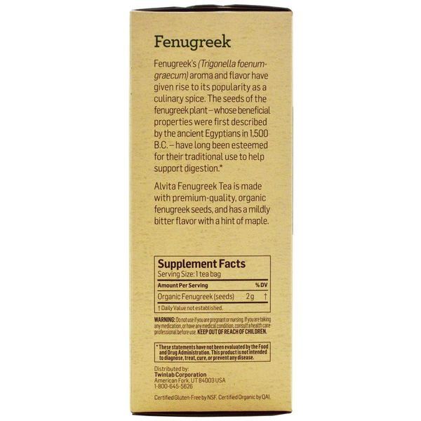 Alvita Teas, Органический чай с пажитником, без кофеина, 24 пакетика, 1,69 унции (48 г) ALV-03806 фото