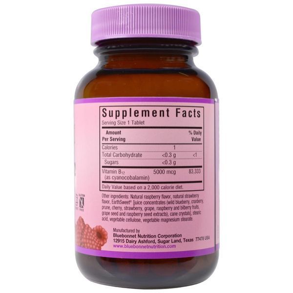 Bluebonnet Nutrition, EarthSweet, Витамин B-12, 5000 мкг, натуральный вкус малины 60 жевательных таблеток BLB-00442 фото