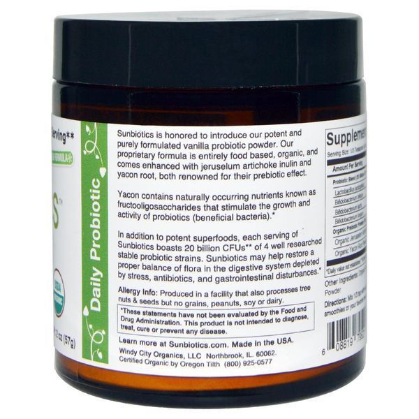Sunbiotics, Organic, высокоэффективные пробиотики с органическими пребиотиками в порошке, ваниль, 2 унции (57 г) SBS-79521 фото