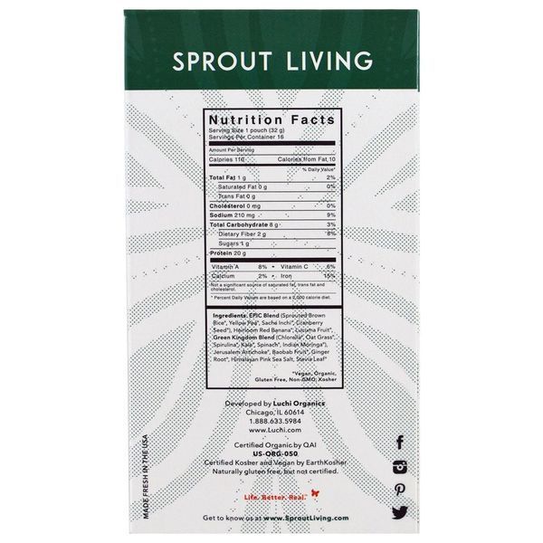 Sprout Living, Organic, Epic Plant-Based Protein, Green Kingdom, 16 Pouches, 1.2 oz (32 g) Each SPL-00724 фото