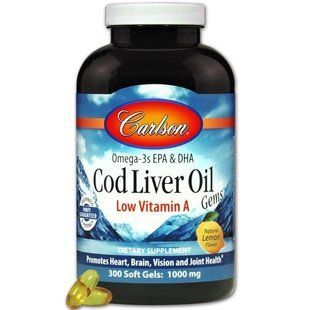 Carlson Labs, Cod Liver Oil Gems, Low Vitamin A, Natural Lemon Flavor, 1,000 mg, 300 Soft Gels CAR-01393 фото