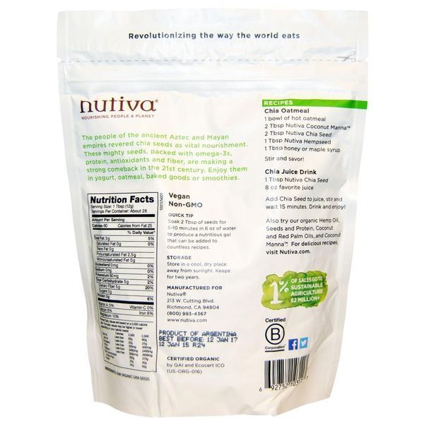 Nutiva, Органические семена чиа, черные, 12 унций (340 г) NUT-10311 фото