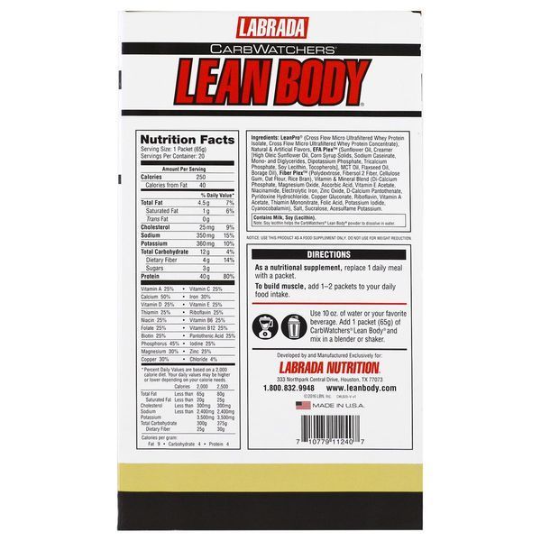 Labrada Nutrition, CarbWatchers Lean Body, Vanilla, 20 Packets, 2.29 oz (65 g) Each LAB-11240 фото