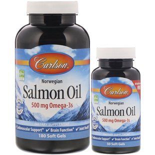 Carlson Labs, Жир норвезького лосося, 500 мг, 180 м'яких таблеток +50 таблеток у подарунок CAR-01504 фото