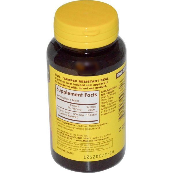 Mason Naturals, Витамин B-12, 1000 мкг, 100 таблеток MAV-09661 фото