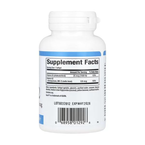 Vitamin D3 & K2 25 mcg (1000 IU) & 120 mcg - 60 softgels 2023-10-6543 фото