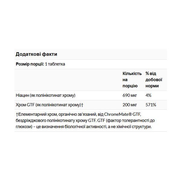 ChromeMate&reg; Chromium GTF 200mcg Yeast Free - 120 tabs (Пошкоджена банка) 2024-11-0225 фото