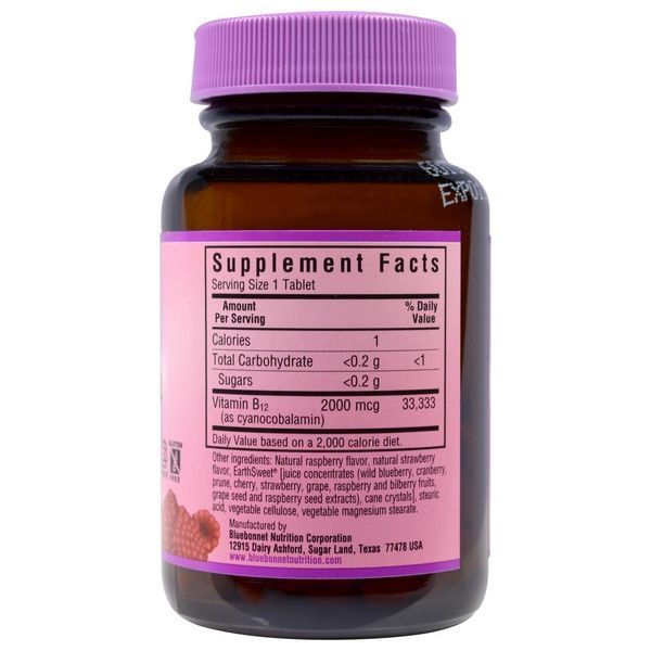 Bluebonnet Nutrition, Жевательные таблетки EarthSweet, витамин B12, натуральный вкус малины, 2000 мкг, 90 шт. BLB-00436 фото
