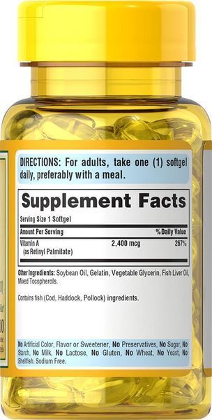 Витамин А Vitamin A Puritan's Pride 8000 МО (2400 мкг), 100 капсул PP-19378 фото