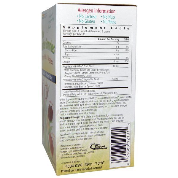Rainbow Light, Жевательные конфеты Fiber Garden, со вкусами кислых ягод, яблока и мандарина, 30 пакетиков, 4 жевательные конфеты (8 г) в каждом RLT-12101 фото
