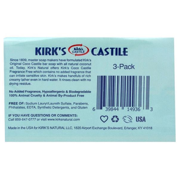 Kirks, Оригинальное кокосовое кастильское мыло, без отдушек, 3 куска, 4,0 унции (113 г) каждый KIR-14936 фото